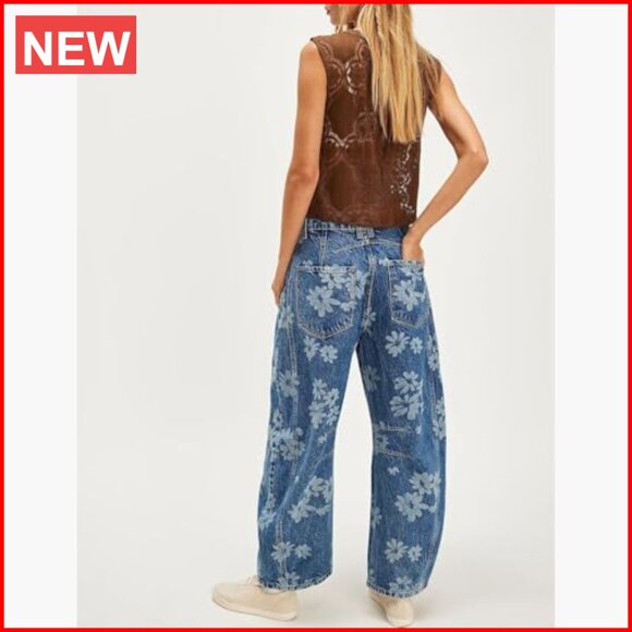 Mid Rise Baggy Barrel Jeans Floral Printed Wide Leg Denim Ankle Pants - Picture 6 of 7